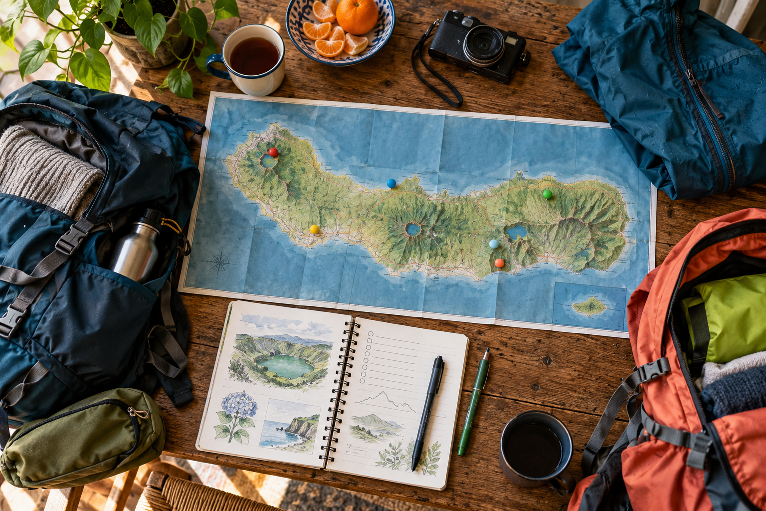 Mapa, mochilas y material preparado para organizar la ruta